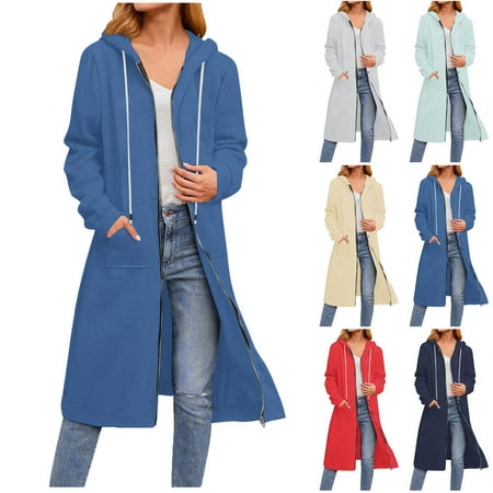 Juebong Long Hoodies for Women Zip Up Casual Lightweight Sweaters Fleece Hooded Sweatshirt Cardigan Fashion Fall Jackets Outfits Light Blue S