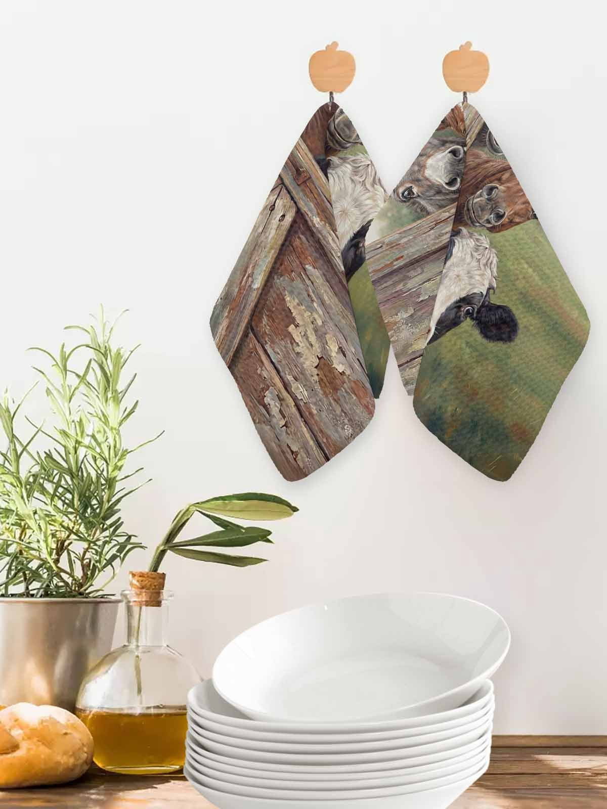 Farmhouse Animals Kitchen Dish Towels for Drying Dishes Set of 4, Country Cows Horses Donkeys Farm Waffle Weave Microfiber Hand Tea Bathroom Towels Quick Dry & Absorbent Towel 12x12