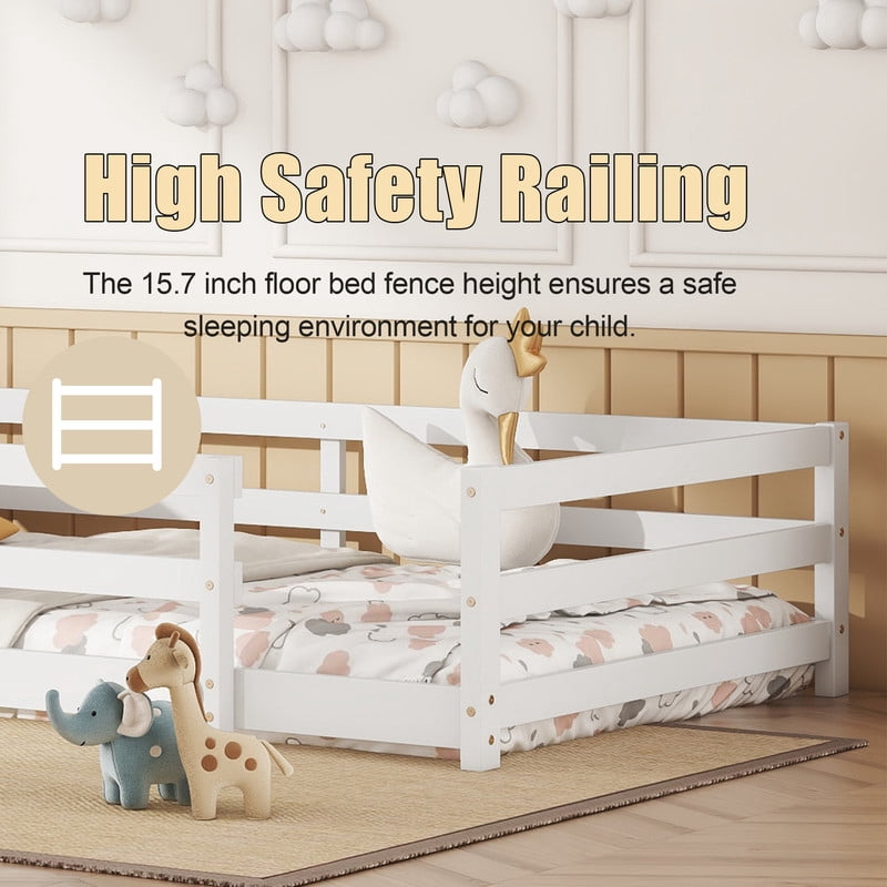 Bellemave Twin Montessori Bed with Rails, Wood Twin Size Floor Bed Frame with Fence, Low to Ground Bed Frame with Safety Guardrails - White