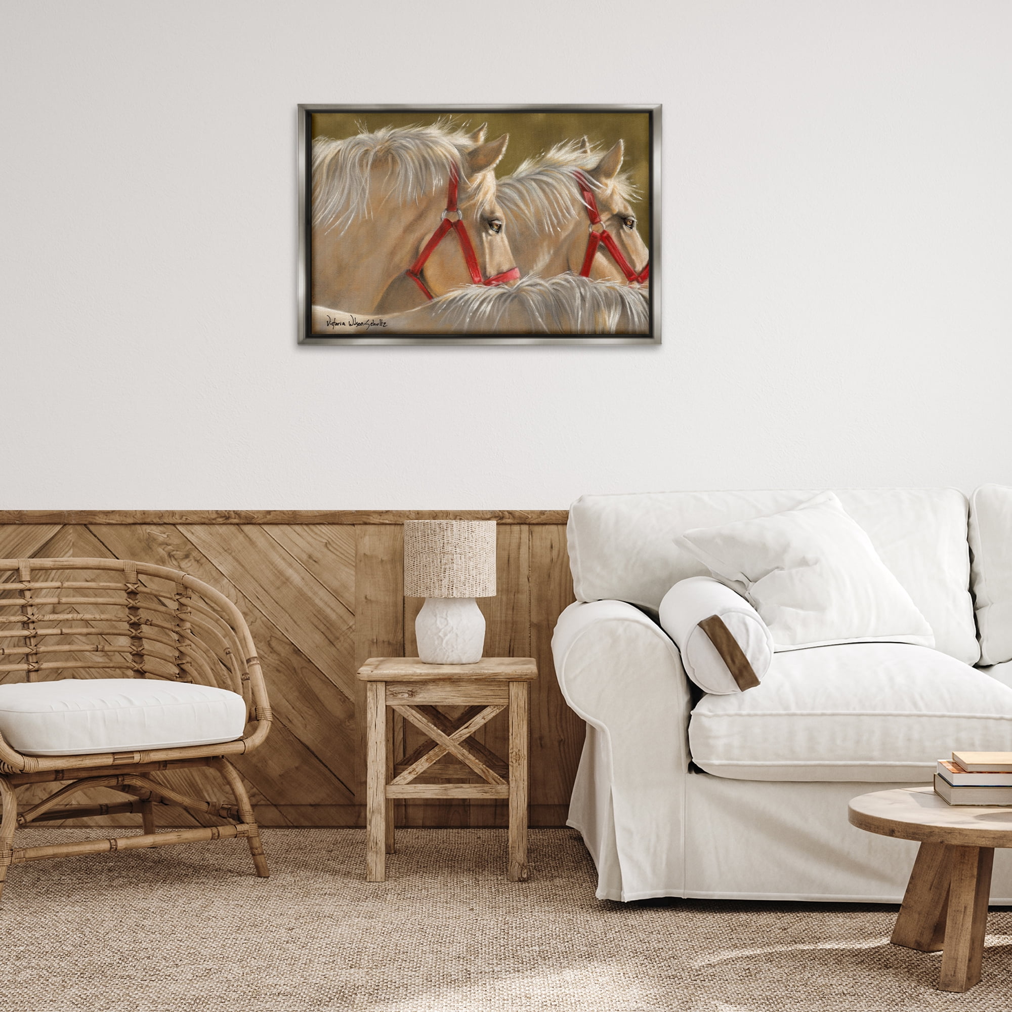 Stupell Industries Horses with Red Bridles Animals & Insects Painting Gray Floater Framed Canvas Art Print Wall Art, 31 x 21