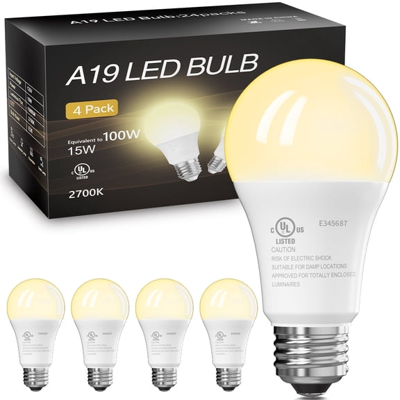 DAYBETTER A19 LED Light Bulbs, 100W Equivalent,2700K Daylight, 15W 1500 Lumens,E26 Standard Base,Lighting for Bedroom Living Room Home Office,4 Pack