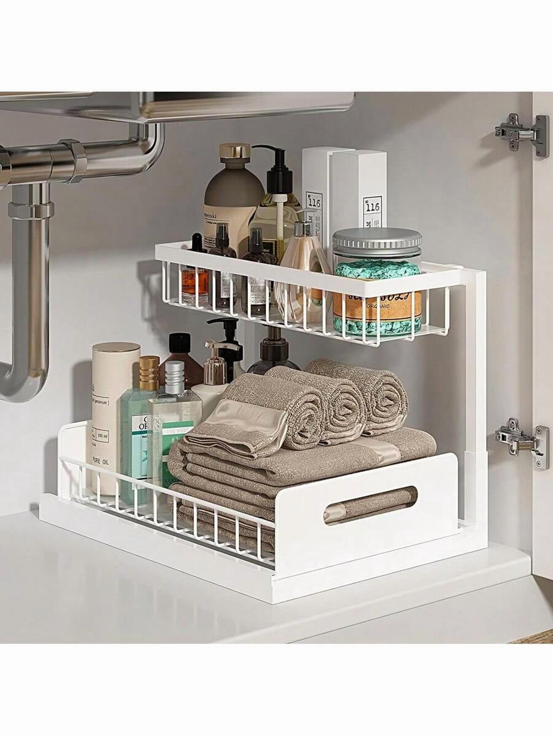 2 Tier Slide Out Kitchen Cabinet Organizer, Sturdy Metal Under Sink Storage Drawer, Pull Out Shelves for Bathroom Vanity, Pantry, and Home Office Organization