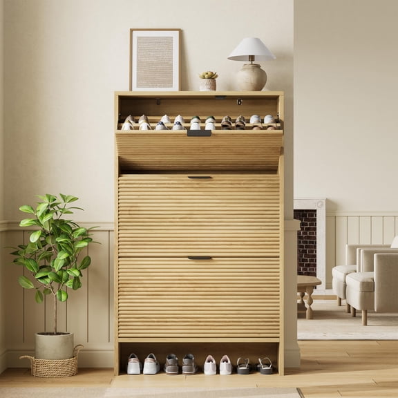 Shoe Storage Cabinet for Entryway, 32" Wide Fluted Shoe Cabinet with 3 Flip Drawers Doors, Shoe Rack Tall Freestanding Shoe Organizer for Entrance, Hallway, Living Room, Natural
