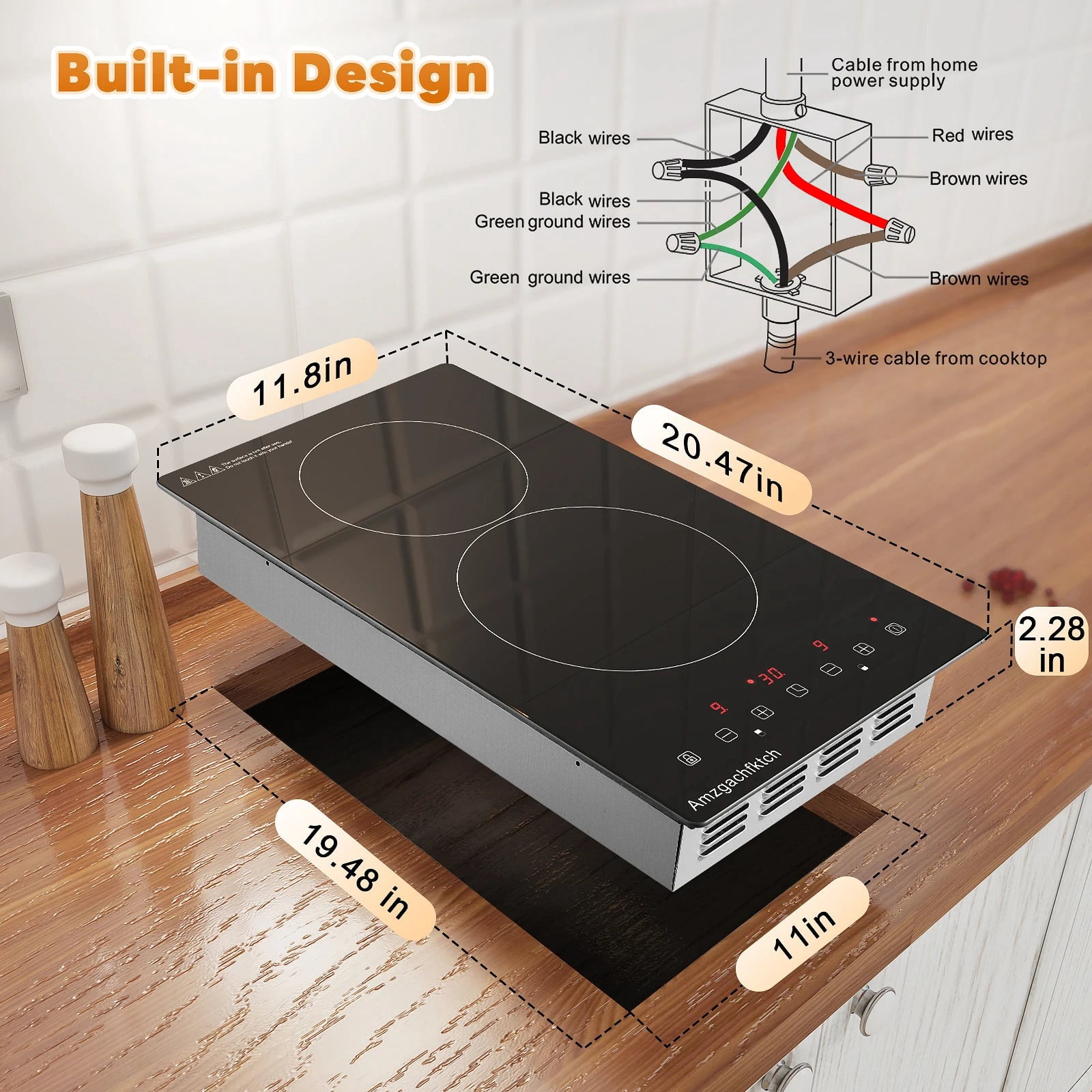 Electric Cooktop 12 inches 2-Burner, 3000W Touch Built-In Electric Stove Top, Black Glass