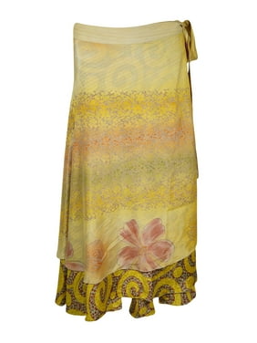 Mogul Women Yellow Wrap Skirt 2 Layer Printed Indian Vintage Sari Reversible Beach Wear Wrap Around Skirts