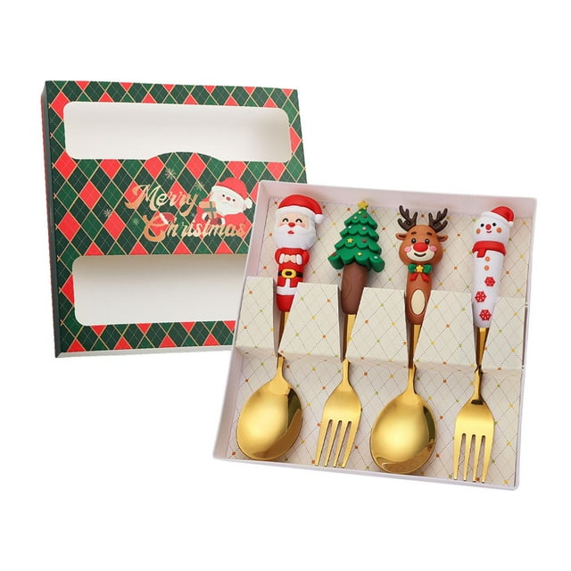 4 cucharas y tenedores de acero inoxidable para Navidad, vajilla navideña, cucharas y tenedores de postre, cubiertos para , fiesta de té y caja verde