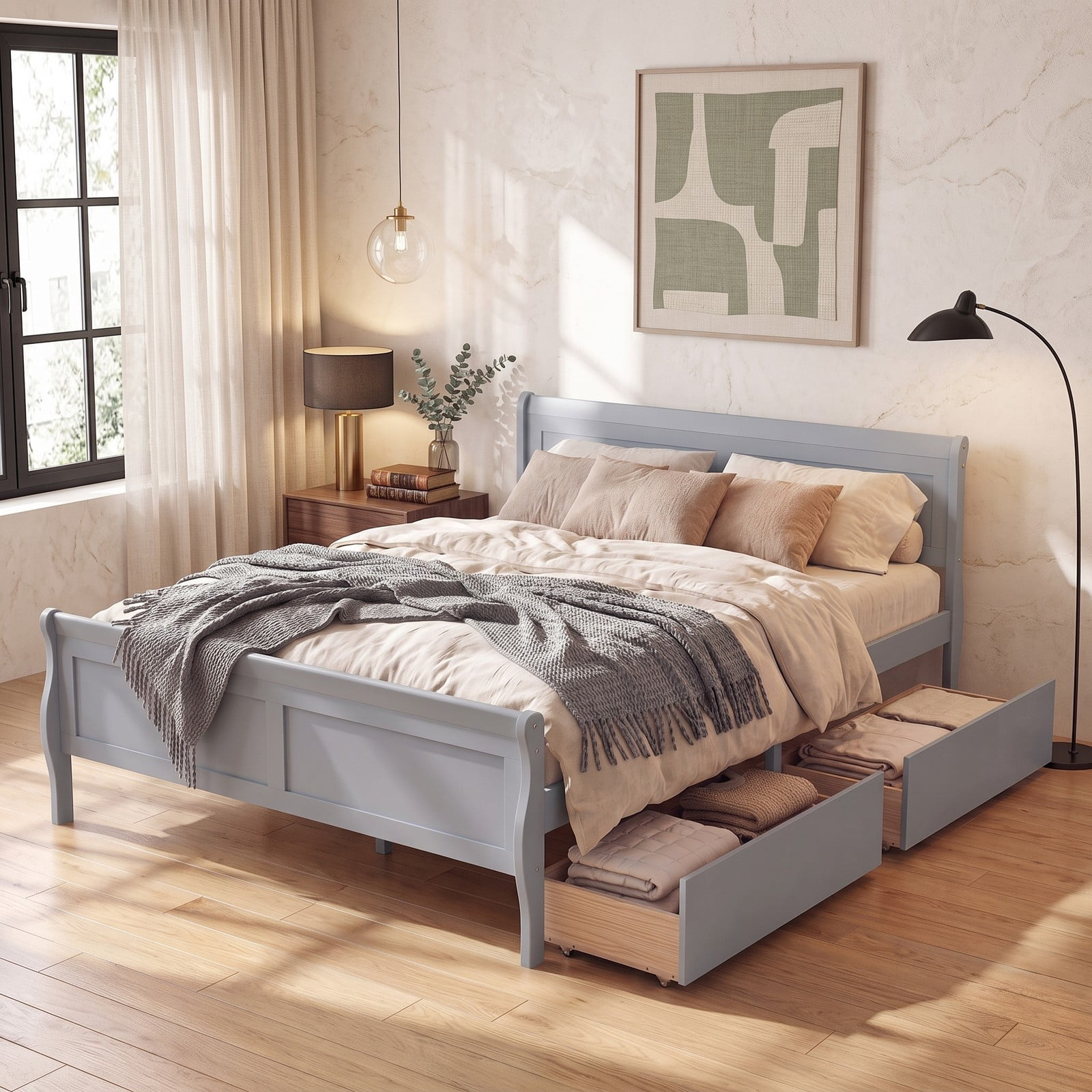 Furnibear Full Size Bed Frame with Storage, Wood Platform Bed with 2 Storage Drawers, Panel Headboard and Footboard, Gray