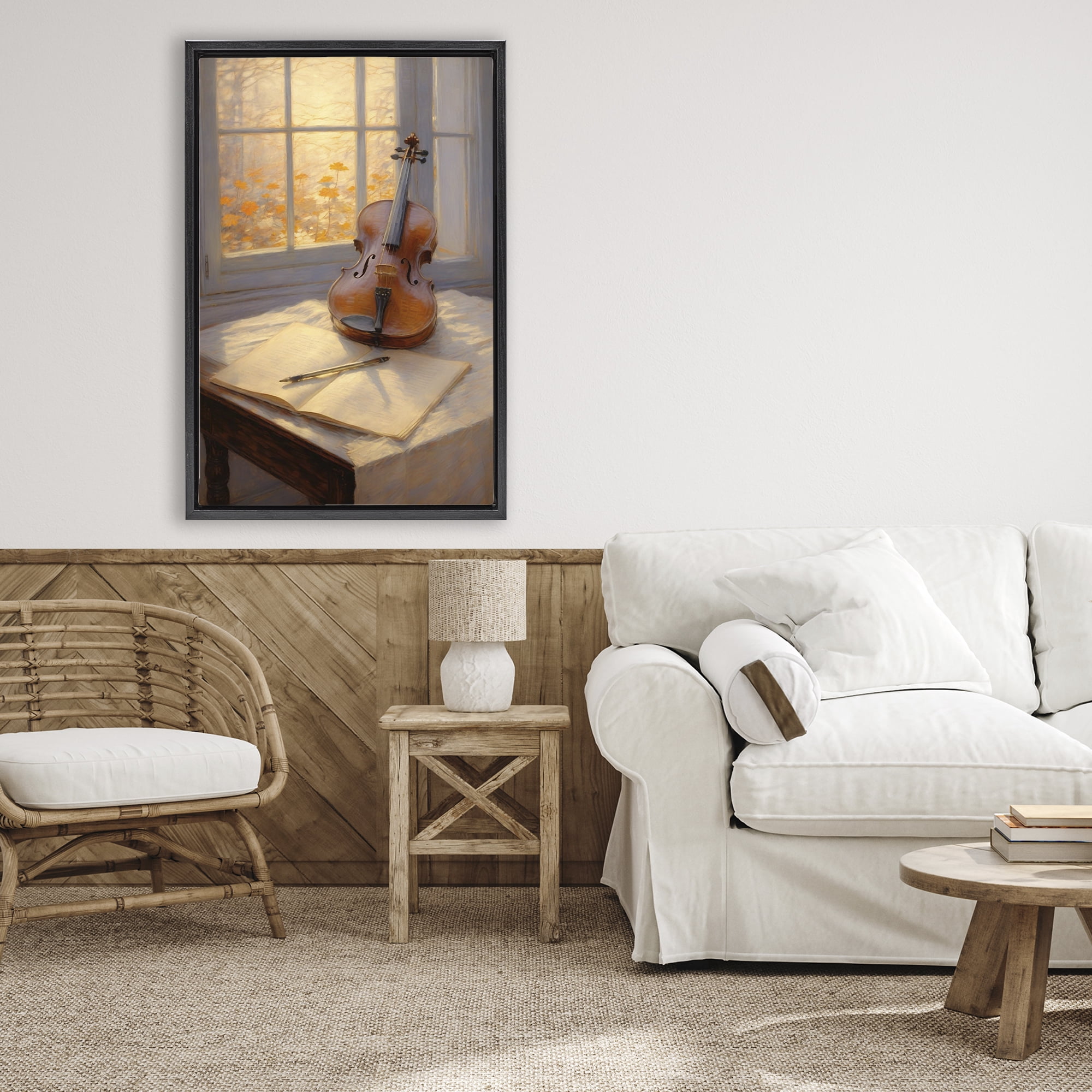 Stupell Industries Autumn Sunlit Violin Black Framed Floater Canvas Wall Art, design by Angie Hawke