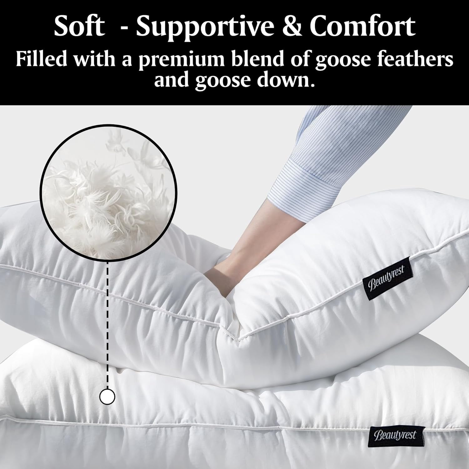 Beautyrest Luxury Goose Feathers Soft Pillows, 500 Thread Count Cover 20”x28”, Queen (Pack of 2)