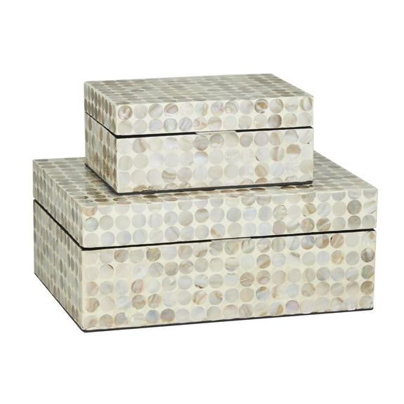DecMode Coastal Cream Mother of Pearl Geometric Box with Polka Dot Shell Pattern, Set of 2 12", 8"W