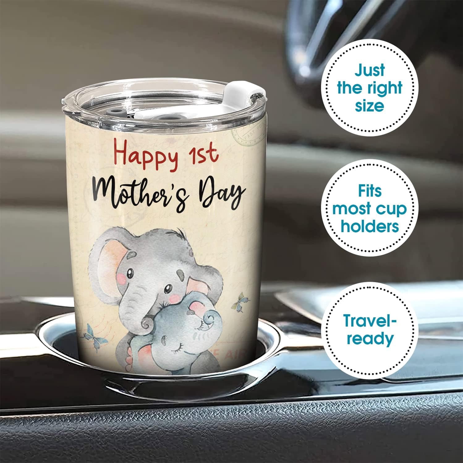 First Mothers Day Gifts For New Mom Daughter From Sister Baby Son - 1st Mothers Day Coffee Mug - Elephant 20oz Double Wall Vacuum Insulated Tumbler With Lid for Woman