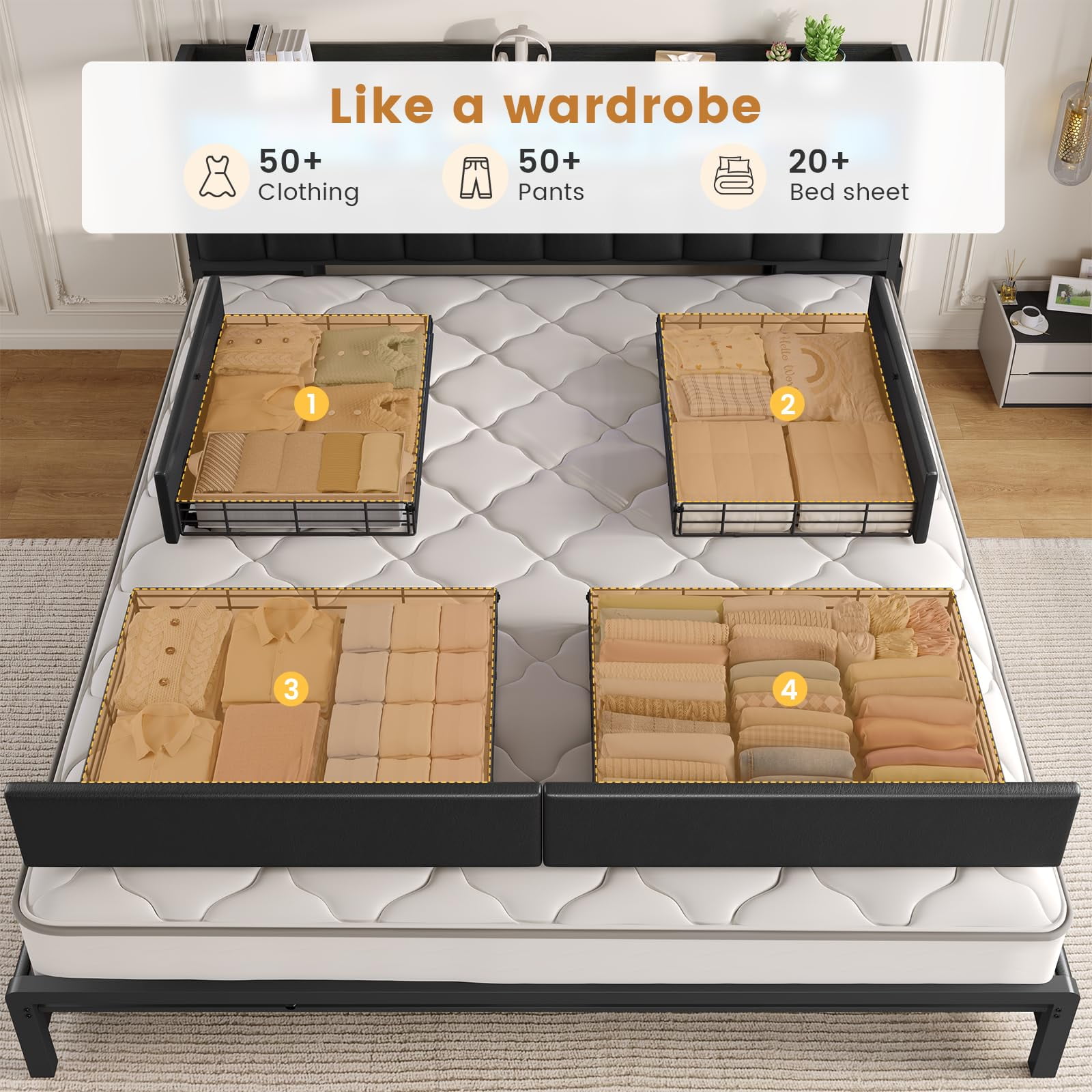 Toogaho King Size Bed Frame with 9 Drawers,Storage Bookcase Headboard, Upholstered Platform Bed King with LED Light and Charging Station,Metal Slats, No Box Spring Needed,Black PU
