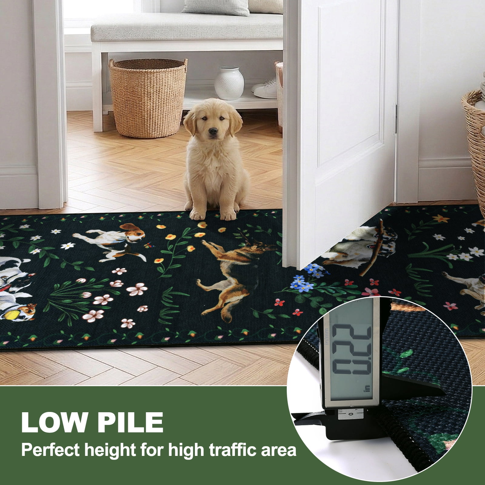 MJIAexp 2'x8' Jute Animal Dog Floral Kitchen Runner Rug,Woven Texture Machine Washable Runner Rug Non-Slip Rubberback Hallway Runner Laundry Rug Throw Carpet for Living Room Bedroom Dining Room Entry