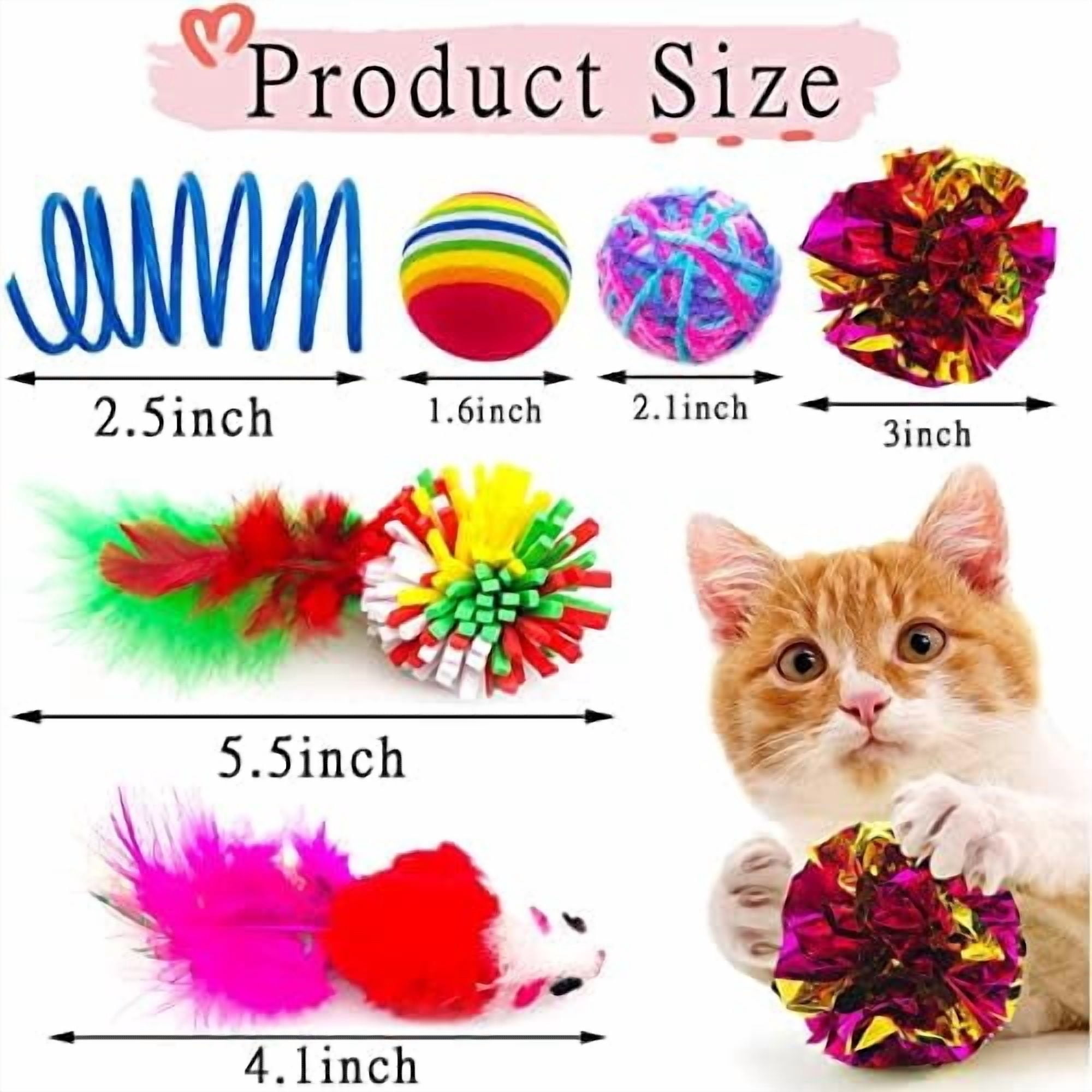20Pcs Cats Toys Interactive Kitten Ball Toys Assortments Variety Pack for Indoor Cats Mice Feather Sparkle Crinkle Ball Bells Spring