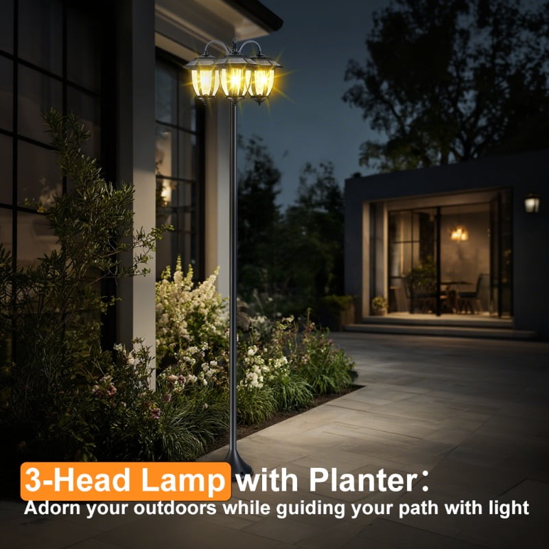 HOODINK 73" Aluminum Solar Lamp Post Light, 3-Head Solar Light Posts for Outside Waterproof, 90Lm Outdoor Lamps for Patio, Backyard, Front Porch Decor, Warm White, Replaceable Bulb
