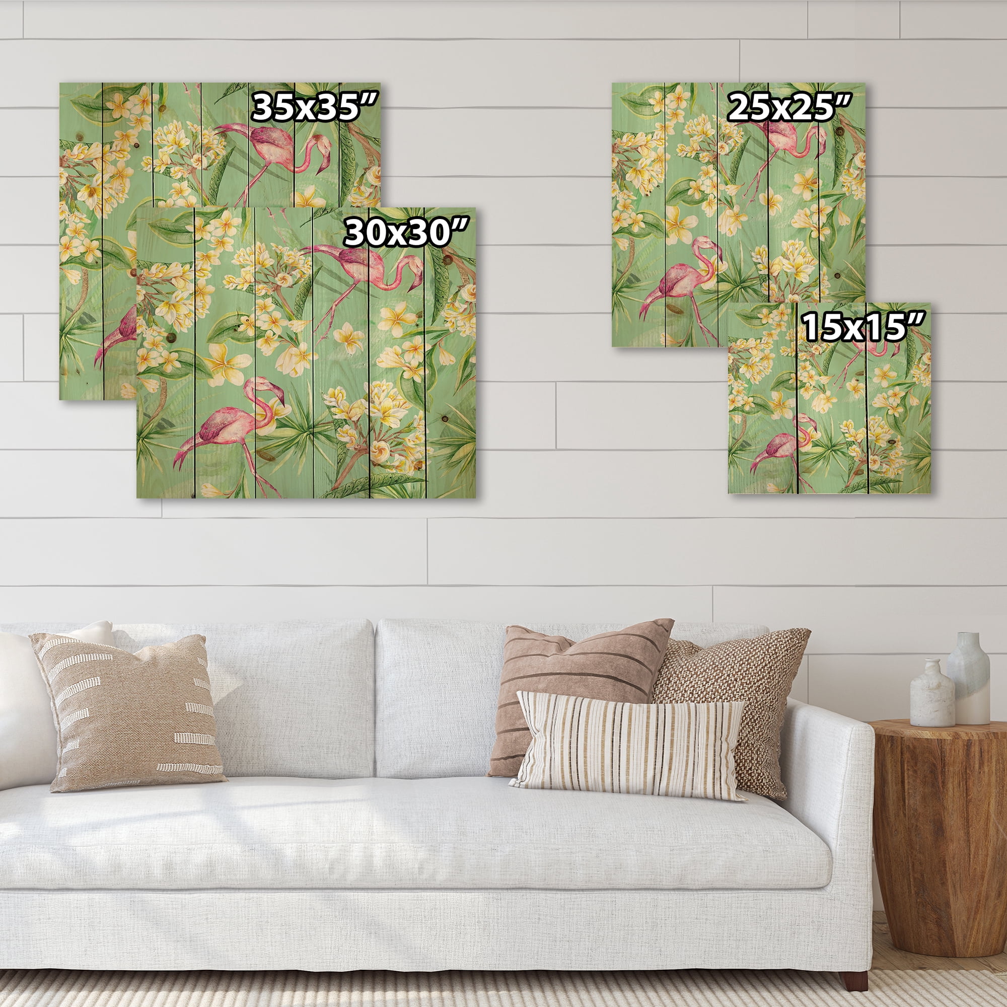 Designart 'Yellow Flowers, Tropical Foliage With Flamingo V' Traditional Print on Natural Pine Wood