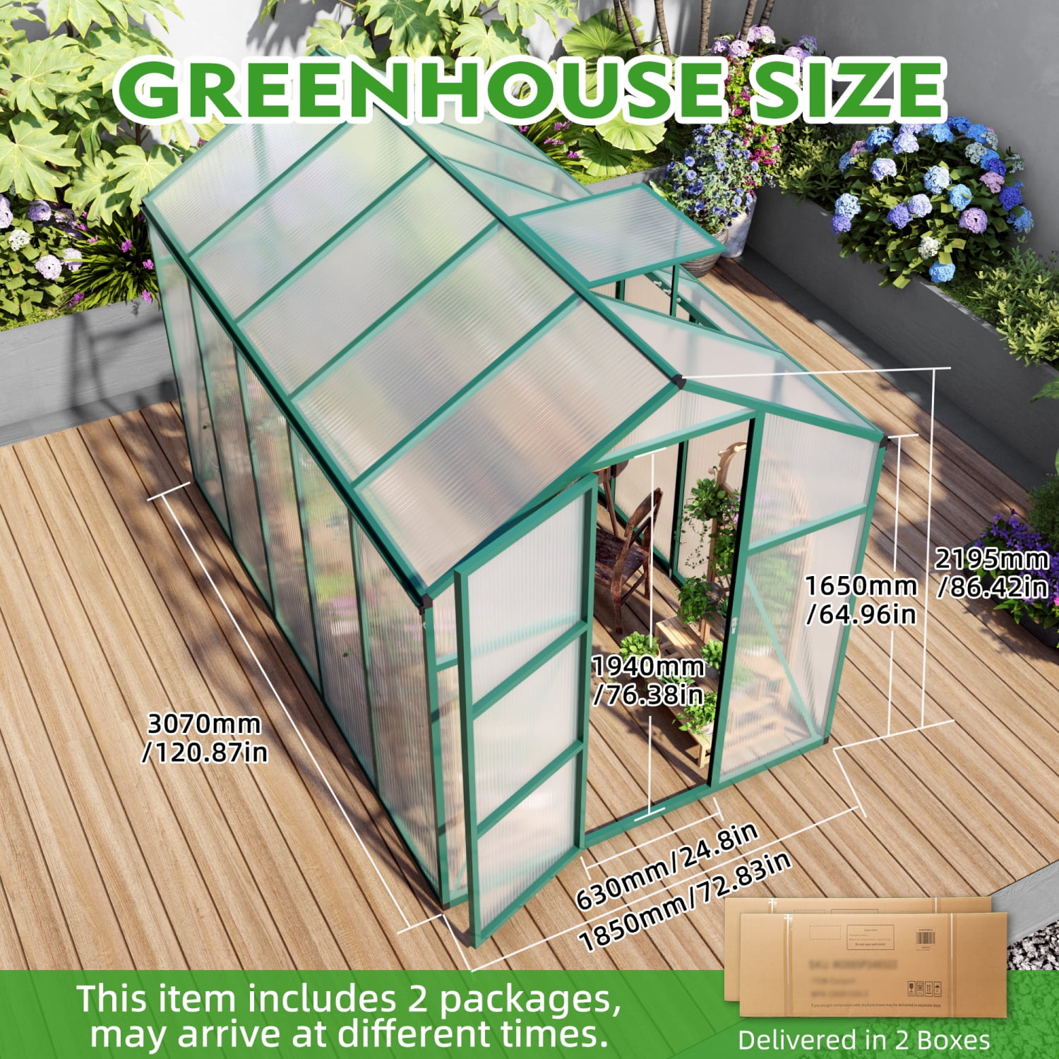 Youmumeub 6x10 Ft Polycarbonate Greenhouse with UV Protection, Spacious Walk-In Garden Hot House with Sliding Door & Vent, Aluminum Frame Plant Nursery for Backyard, Green