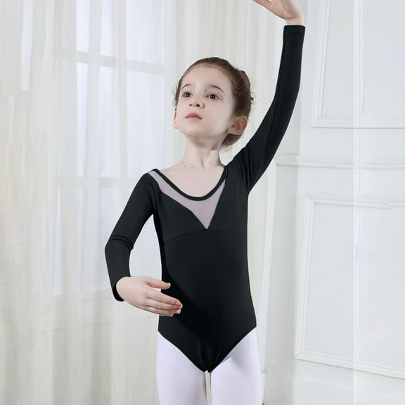Mevxay Girl's Long Sleeve Dance Leotard Solid Color Crew Neck Cotton Training Bodysuit Summer Performance Wear for 5-18 Years Black