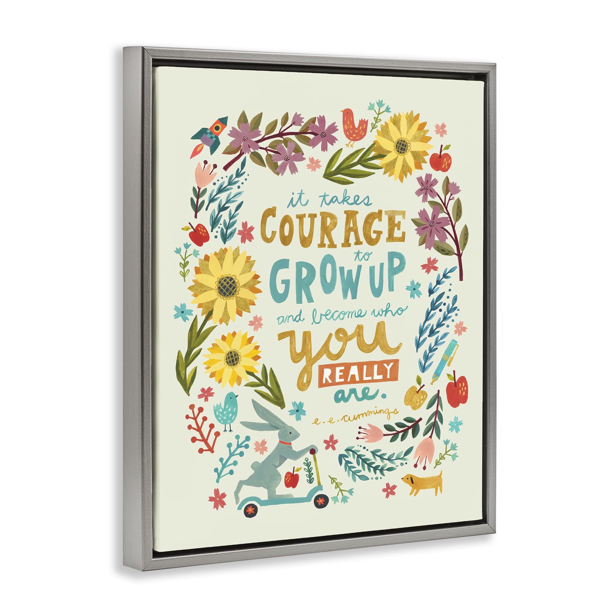 Stupell Industries Takes Courage Inspiring Florals Plants & Flowers Painting Gray Floater Framed Canvas Art Print Wall Art, 25 x 31