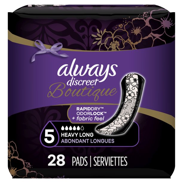 Always Discreet Boutique Incontinence Pads, Heavy Absorb, Long, 28 ct