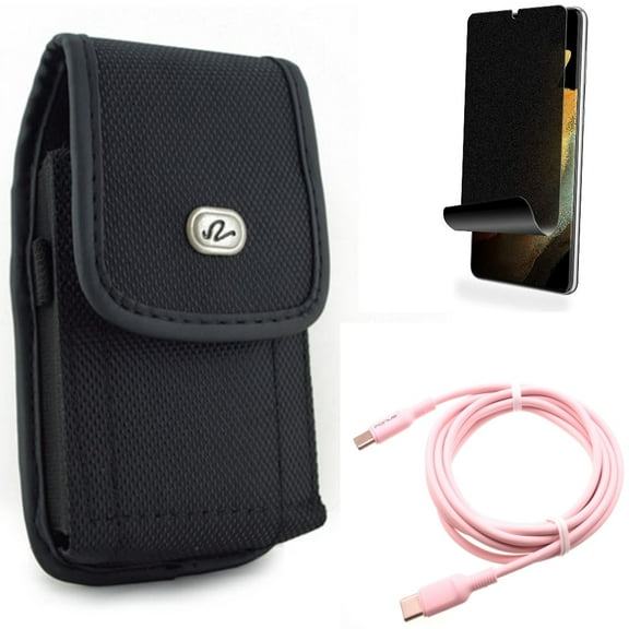 Case Belt Clip & Privacy Screen Protector & Pink 10ft Long Cable for Samsung Galaxy S22 Plus (S22 ) - Combo Rugged Holster & TPU Film (Fingerprint) Anti-Peep & USB-C to Type-C PD Fast Charger Cord