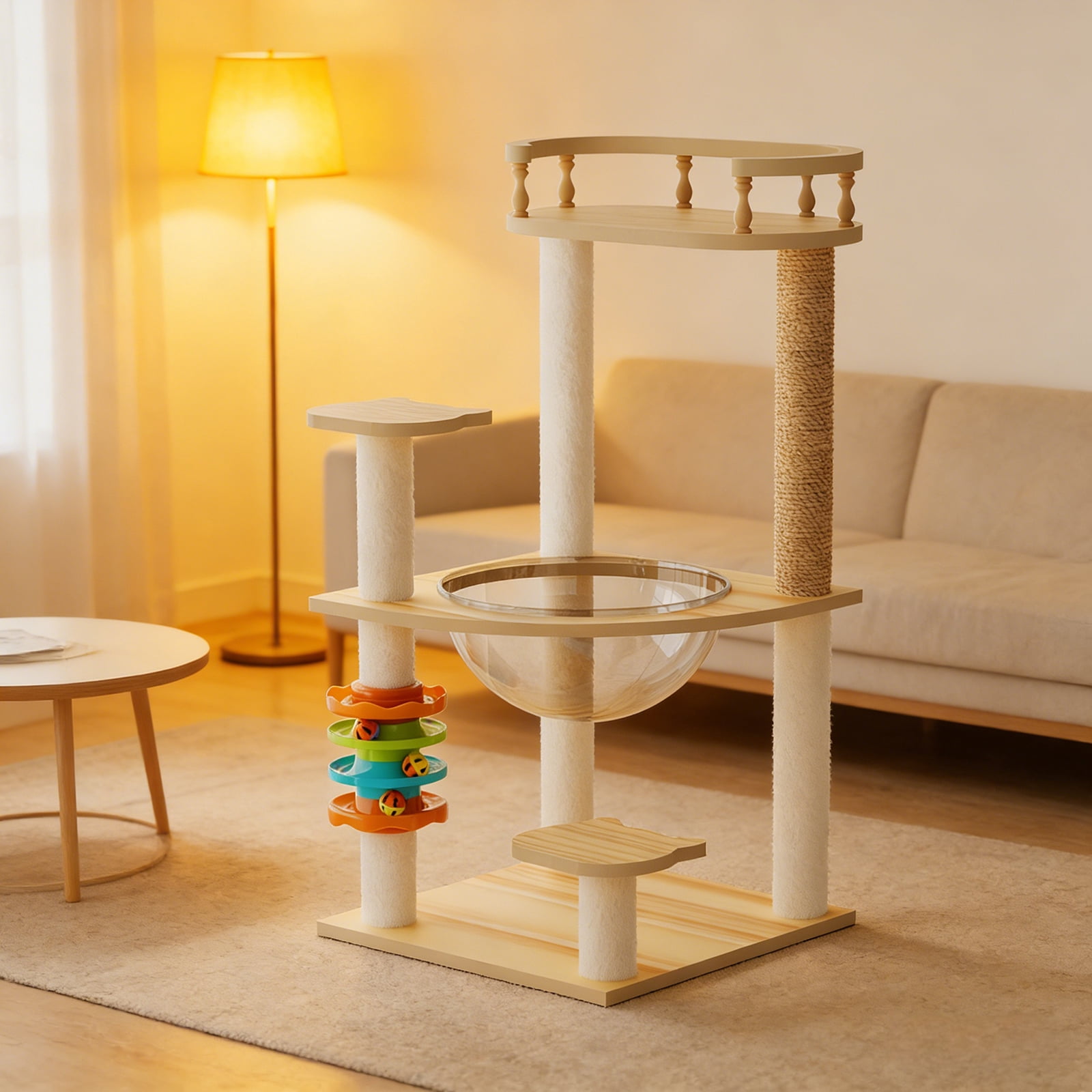 32.2 Inch Modern Wood Cat Tower, Cat Tree with Sisal Scratching Posts, Top Perch, Acrylic Hammock & Toys, Indoor Activity Condo for Small Large Cats
