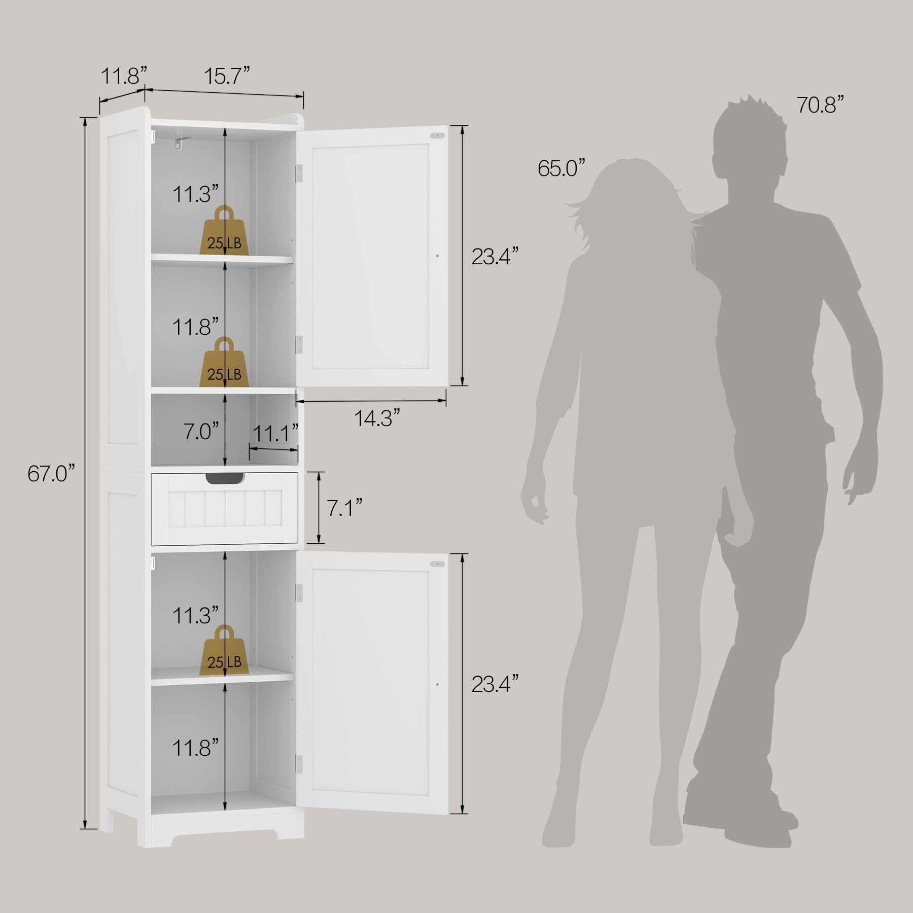 67" H Tall Bathroom Storage Cabinet, Narrow Freestanding Towel Cabinet with Waterproof Base, Adjustable Shelves, 2 Doors & 1 Drawer — for Bathroom, Kitchen, Living & Dining (White, 15.7" W)