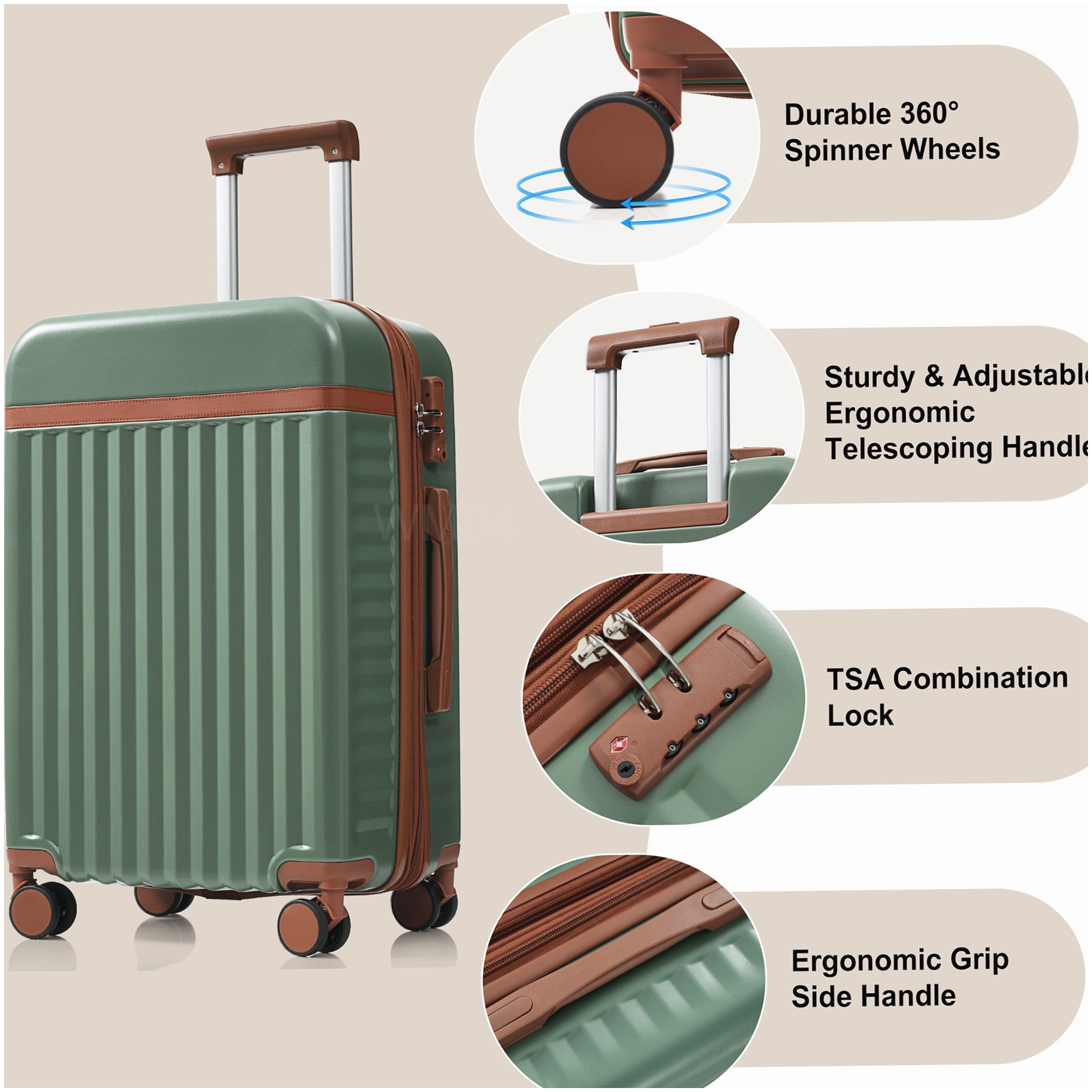MANGIJOY Carry On Luggage with USB Port and Front Pocket, ABS 3-Piece Hardside Spinner Suitcase Set in Green for Men &; Women
