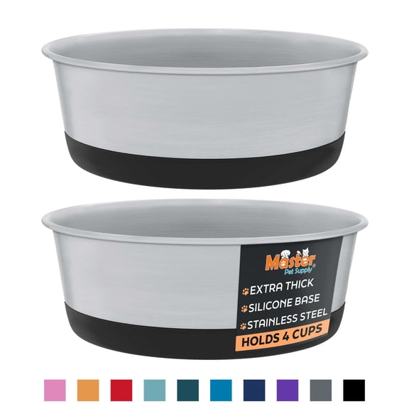 Master Pet Supply Stainless Steel Dog Bowls Set of 2 with Extra Thick Silicone Base - 4 Cup (32 oz) Black Velvet, Non-Slip, Dishwasher Safe Metal Bowls, Pet Dog Food Bowl for Dogs, Cats, Anti Rust