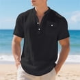 thumbnail image 2 of Rggeeun Mens T-Shirts Solid Color Short Sleeve V Neck With Front Buttons & Pocket Trim Pleated Loose Fit For Summer Holiday Delicate Tops,Black,Xl, 2 of 8