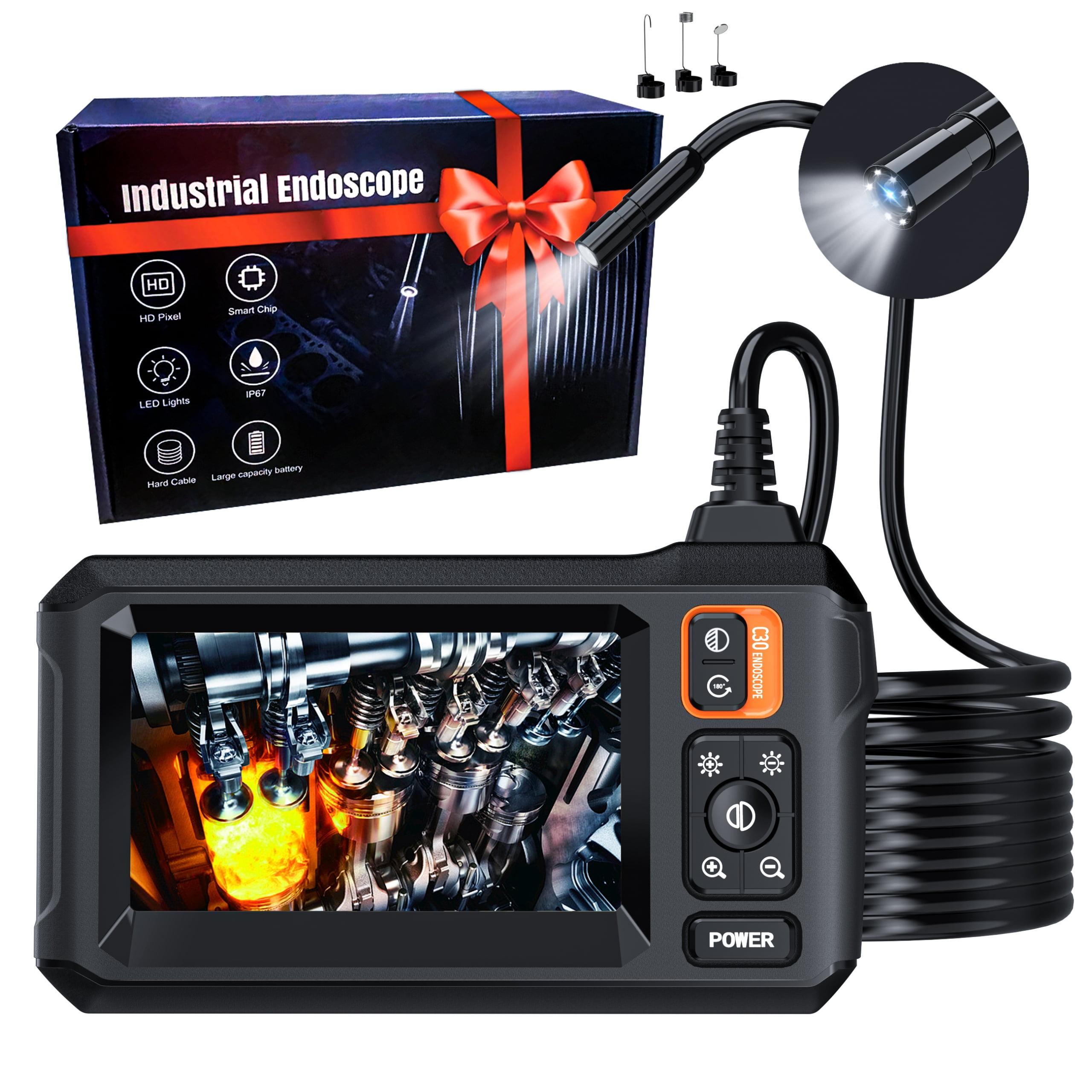 Godboat Endoscope Camera with Light, Borescope Camera with 4.3" IPS Screen, 1080P HD with 8 LED Lights, 16.4FT Semi-Rigid Cord Bore Scope, Tools for Men