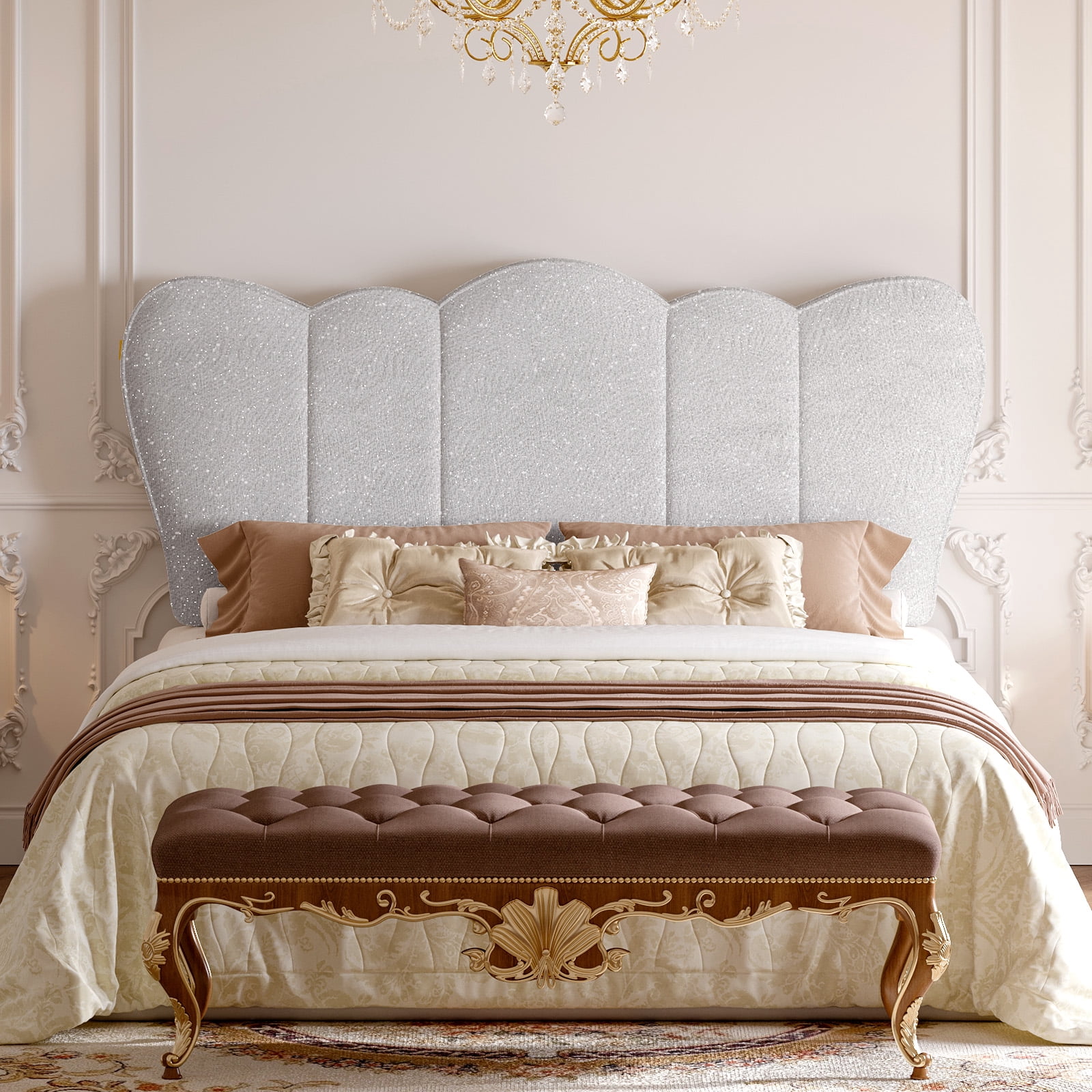Pinmoco Chenille Upholstered Headboard for Full Bed, Height Adjustable Crown-Shaped Headboard, Starry Gray