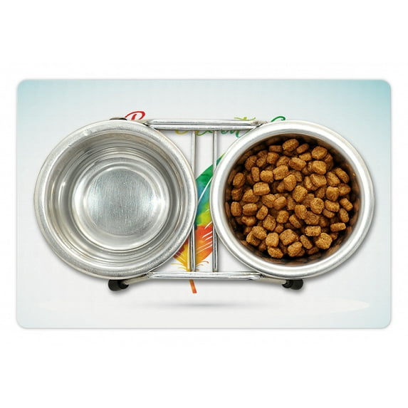 Feather Pet Mat for Food and Water, Rainbow Colored Quill and Be Creative Words Writing Creation Motivational Image, Non-Slip Rubber Mat for Dogs and Cats, 18" X 12", by Ambesonne