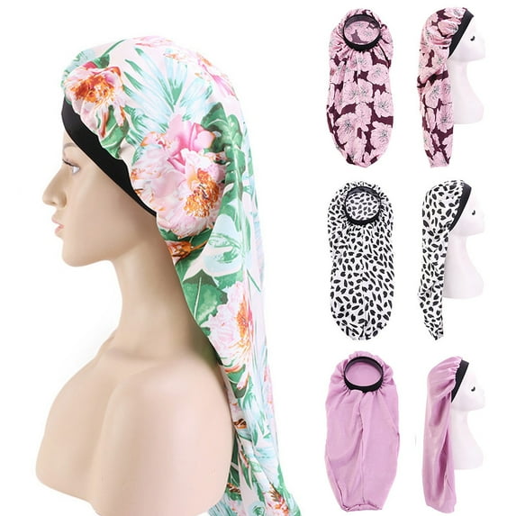 Travelwant Women Floral Satin Long Tail Bonnet Night Sleeping Cap Head Cover Hair Care Hat