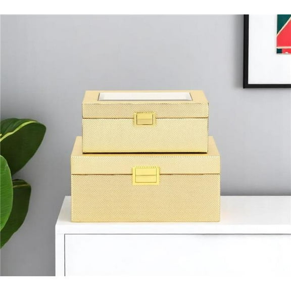 HomeRoots 630411 Gold Faux Leather & Mirrored Glass Jewelry Boxes - Set of 2