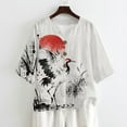 thumbnail image 4 of Xoenoiee Grus japonensis Sunset Print Womens Cotton Linen Button Down Shirts Loose Fit 3/4 Sleeve Blouse Casual V Neck Tops Outfits, XL, 4 of 7
