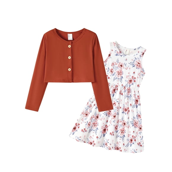 Conjunto de vestido PATPAT para niña con volantes, estampado de flores marrones, 3 años