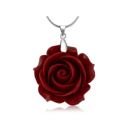 - 35mm Red Simulated Coral Carved Rose Flower Pendant With 16