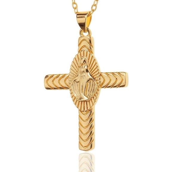 14K Yellow Gold Cubic Zirconia Simple Virgin Mary Cross Pendant Necklace Hip Hop Jewelry Necklace