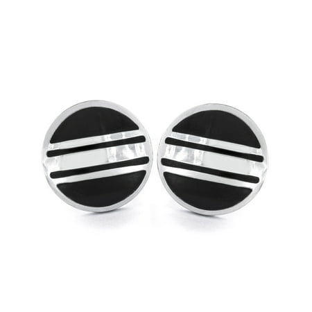 Polished Finish Black Striped Round Cufflinks (18mm)