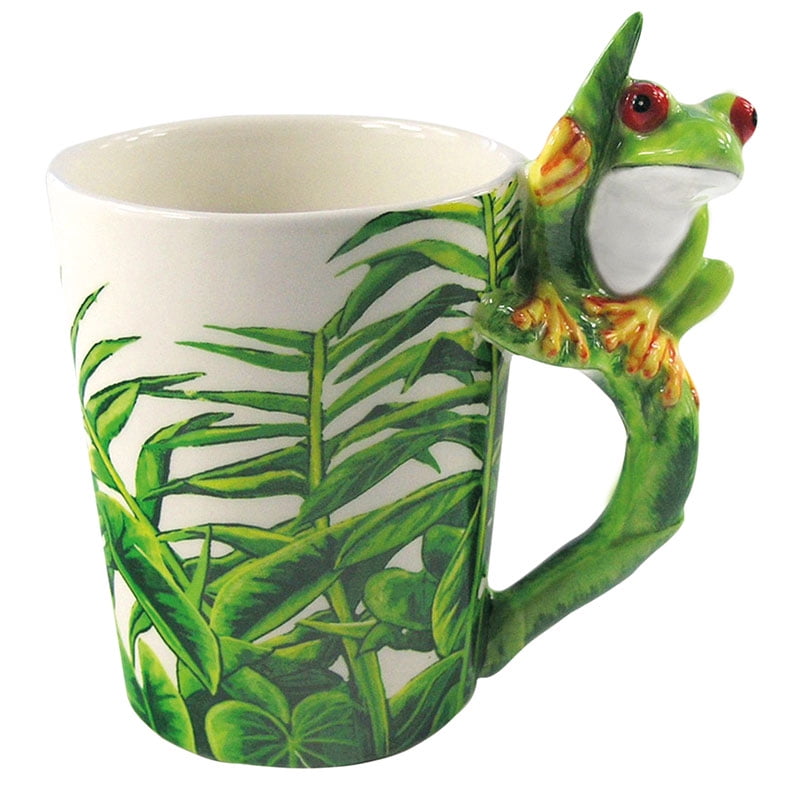 Ceramic Jungle Mug with Tree Frog Handle Tea Coffee Cup Office Home Decor Gift 