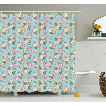 - Shabby Chic Shower Curtain, Colorful Roses Vegetation in the Summer with Leaves Bridal, Fabric Bathroom Set with Hooks, 69W X 75L Inches Long, Pale Pink Yellow Turquoise, by Ambesonne
