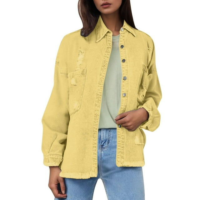Baberdicy Distressed Denim Jackets for Women - Fall/Winter Vintage Loose Fit (Oversized, Ragged Hole Design) Yellow S