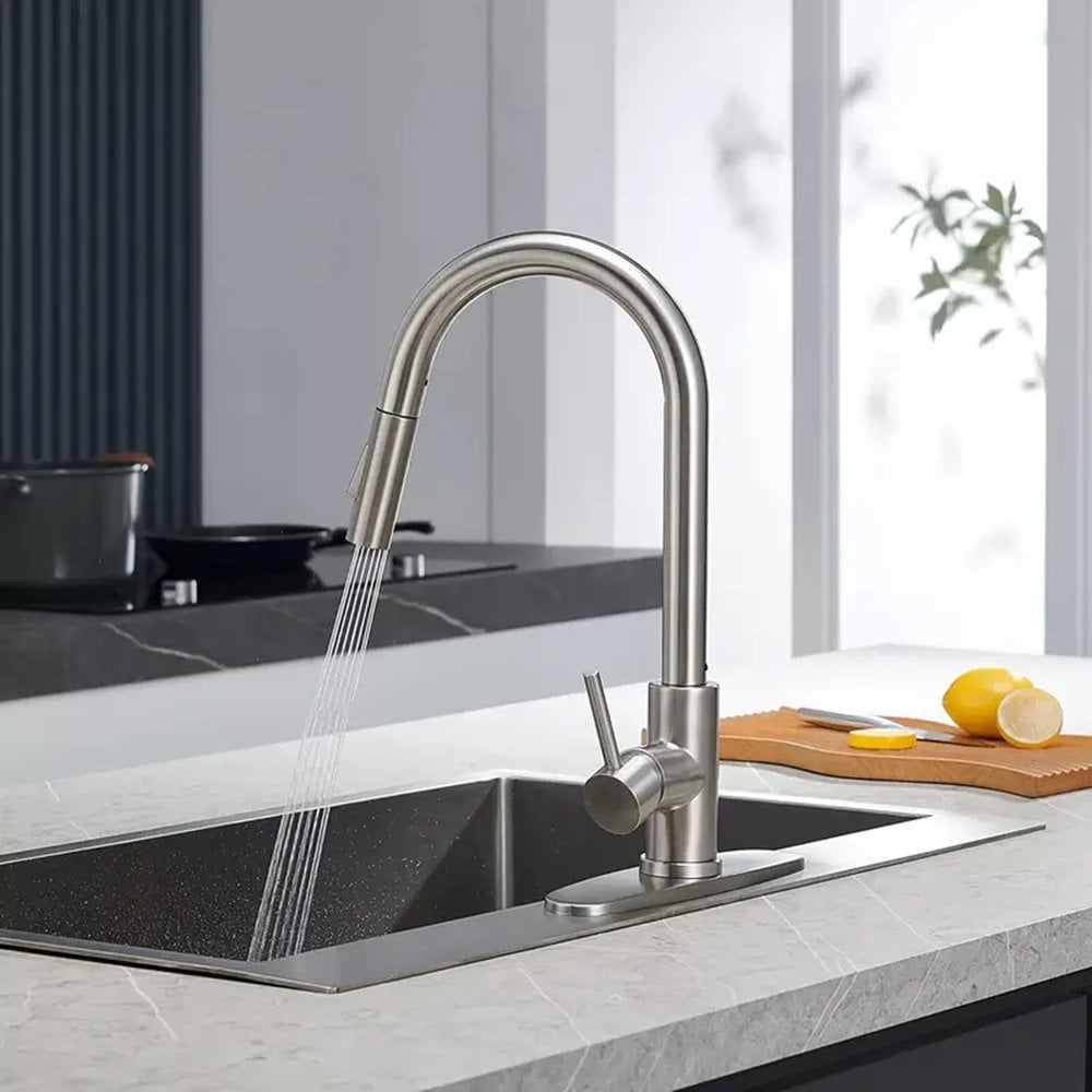Brushed Nickel Kitchen Sink Faucet Pull Down Sprayer Single Handle Swivel Mixer