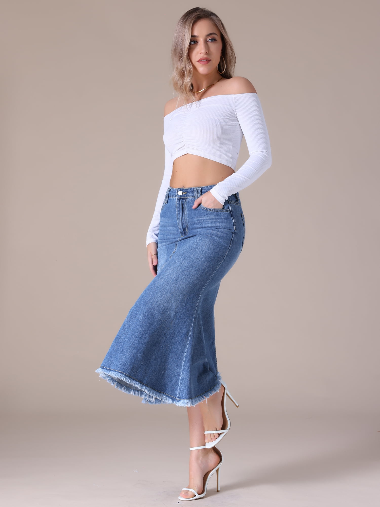 Unique Bargains Women's Long Denim Skirts Split A-Line Fishtail Jean Skirt M Blue
