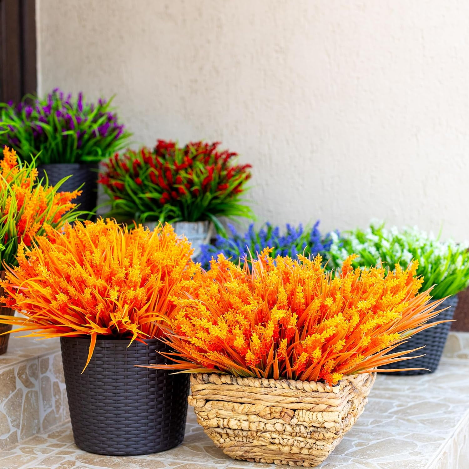 8PCS Artificial Flowers for Outdoors, Fake Lavender with Grass UV Resistant Plastic Faux Autumn Plants for Garden Thanksgiving Home Decor (Orange)