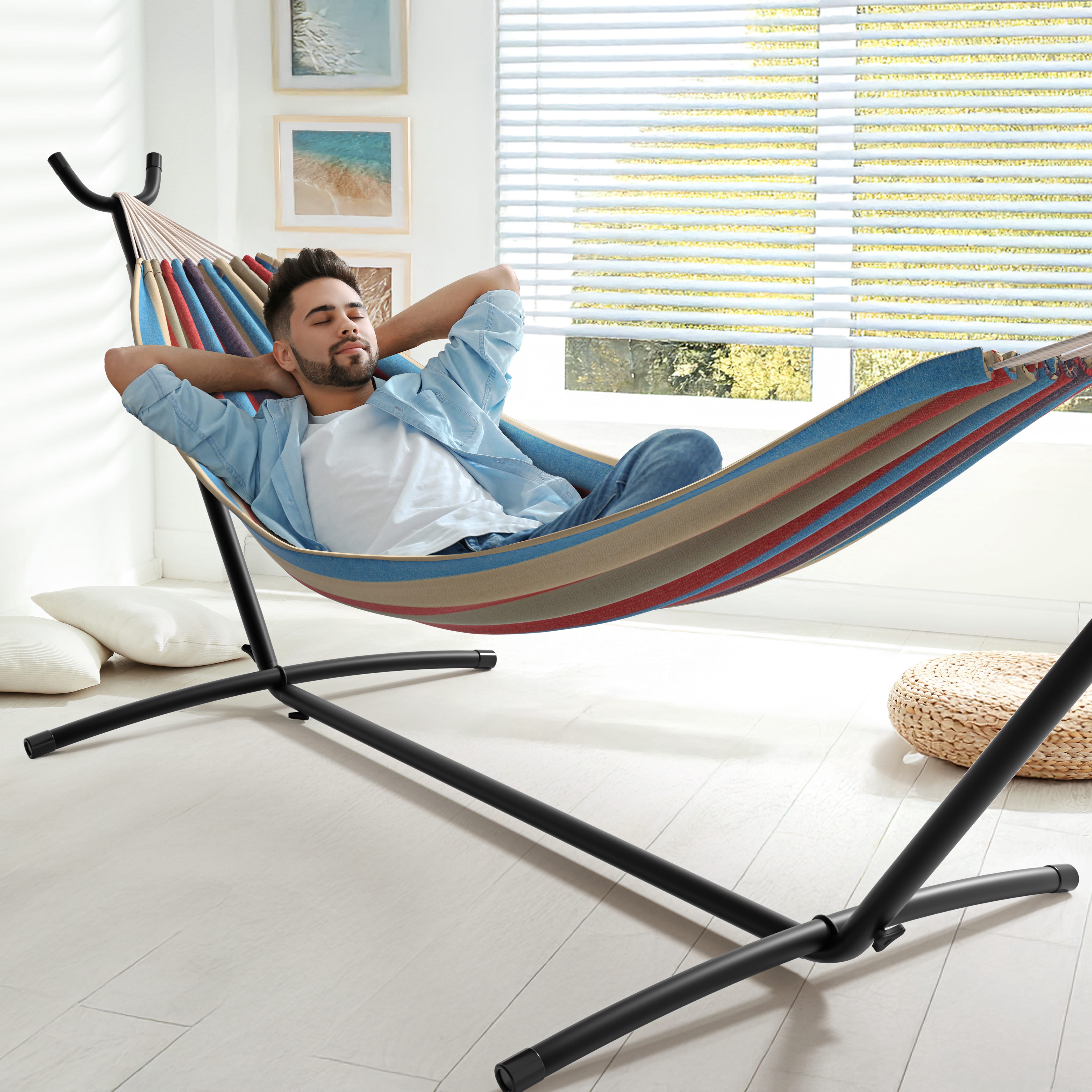 Sorbus 2-Person Hammock with Steel Stand, 60" Cotton Blend, 450lb, Portable Carry Case, Blue/Red