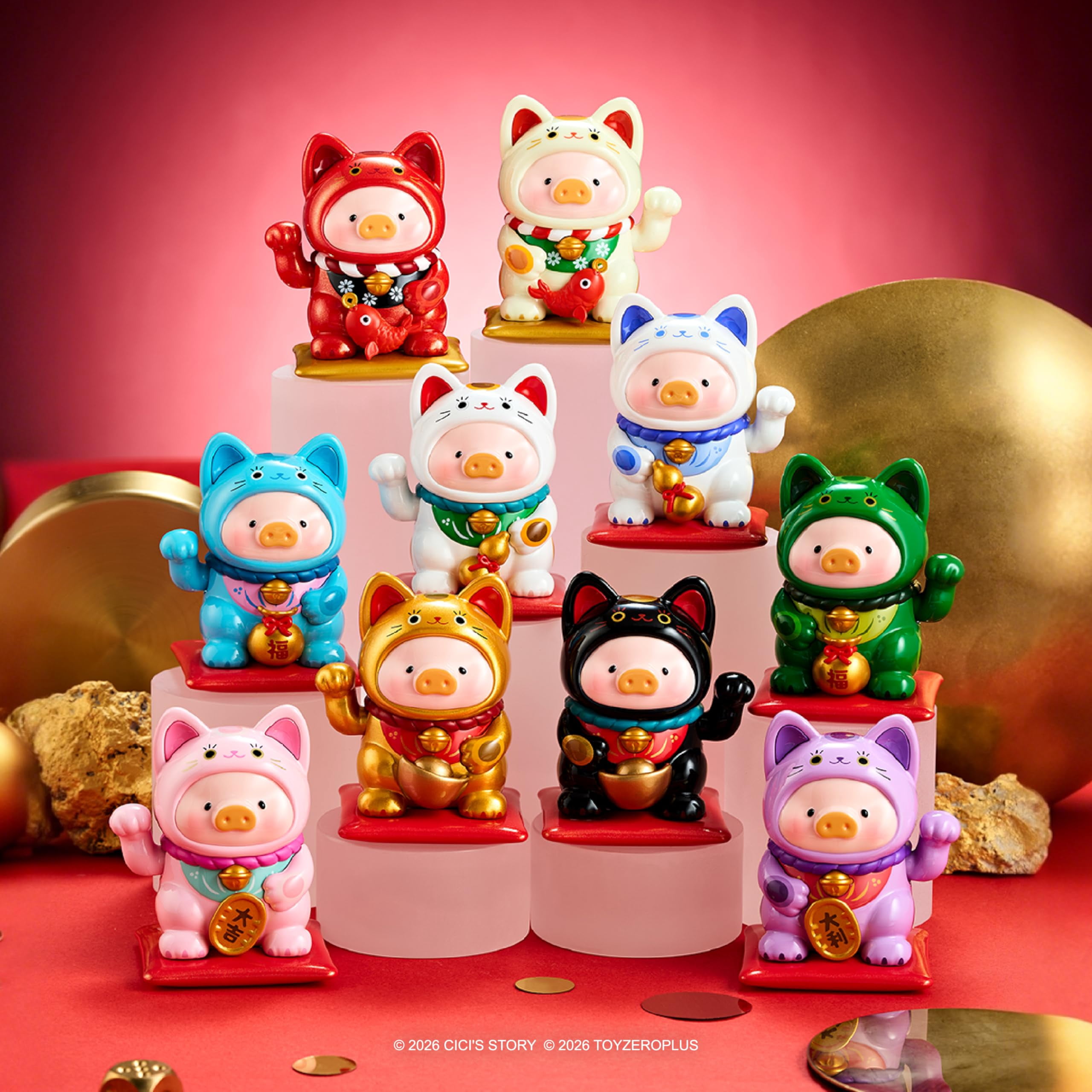TOYZERO + Lulu The Piggy Blind Box Figures - Lucky Cat Series Blind Boxes Cute Animal Figurines Mystery Box Collectibles Home Decorations Holiday Birthday Gifts, Single Box