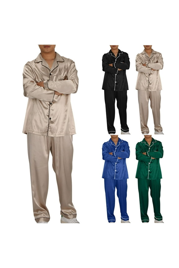 Men's Pajamas Set Loungewear Sleepwear, Men Silk Satin Pajama Set Long Sleeve Pjs Button Down Sleepwear Soft Comfy Loungewear Set 2 Piece Nightwear