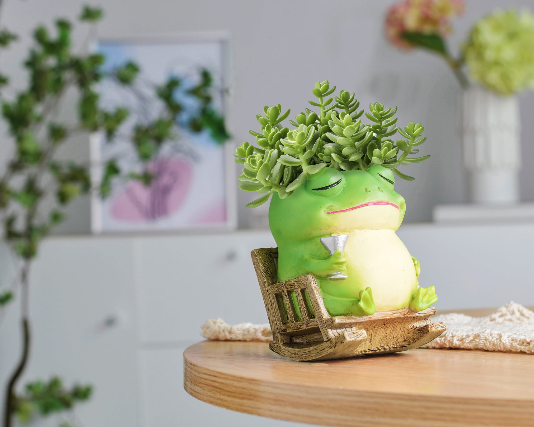 Quoowiit Cute Frog Plant Pots Indoor,Resin Small Succulent Pots with Drainage Hole,Rocking Chair Planters for Outdoor Indoor Plants,Gift Ideas for Mother